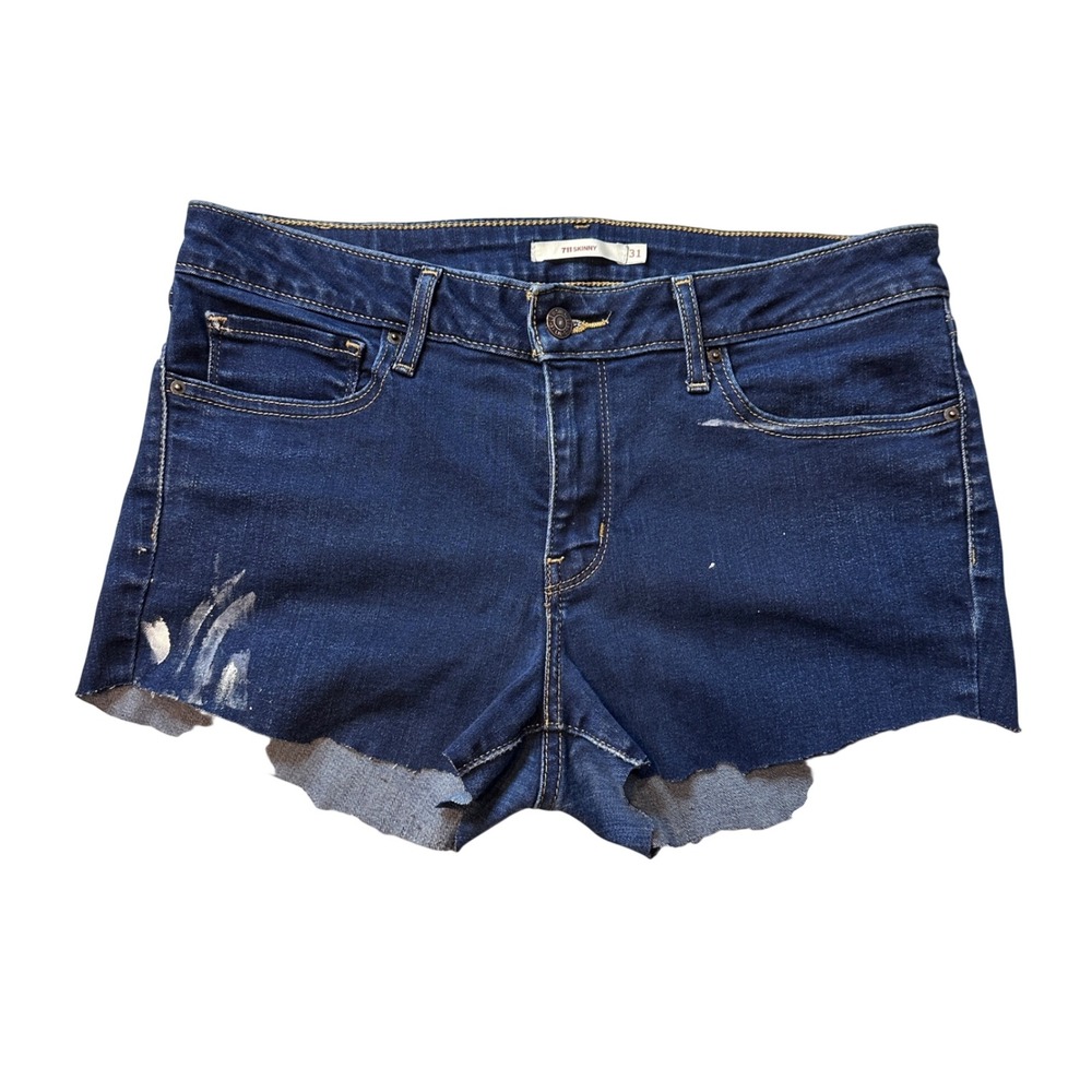 Levi's 711 Shorts Womens 31 Blue Skinny Cut Off Denim Paint Splatter Raw Hem